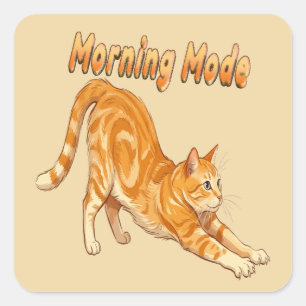Adesivo Quadrado Gato Laranja Listrado Esticando Modo Matinal Gato