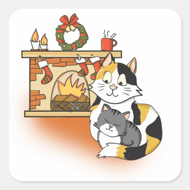 Adesivo Quadrado Gato-mãe bonito e Lareira de Natal de Kitten (Frente)