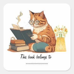 Adesivo Quadrado gato-mãe lendo um livro e um café de bebendo