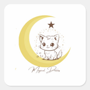 Adesivo Quadrado Gato Mágico Fofo na Lua Sonhos Estrelados - Cla Re