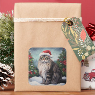Adesivo Quadrado Gato Maine Coon na Neve Natal