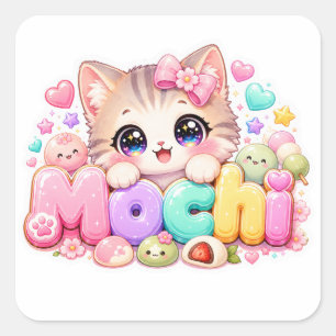 Adesivo Quadrado Gato Mochi Kawaii Fofo Nome Rosa Pastel Brilhante 