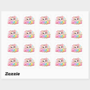 Adesivo Quadrado Gato Mochi Kawaii Fofo Nome Rosa Pastel Brilhante 