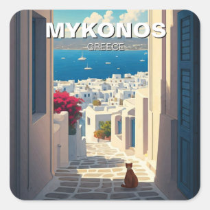 Adesivo Quadrado Gato na Grécia Mykonos Cyclades Viagem