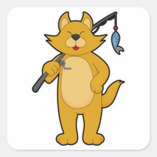 Adesivo Quadrado Gato na pesca com vareta de pesca e peixe