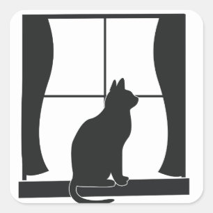 Adesivo Quadrado Gato na silhueta que senta-se na janela