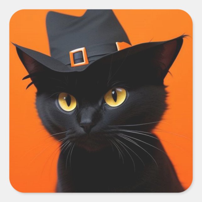 Adesivo Quadrado Gato Negro (Close-up of a black cat with yellow eyes wearing a black witch hat with an orange buckle!)