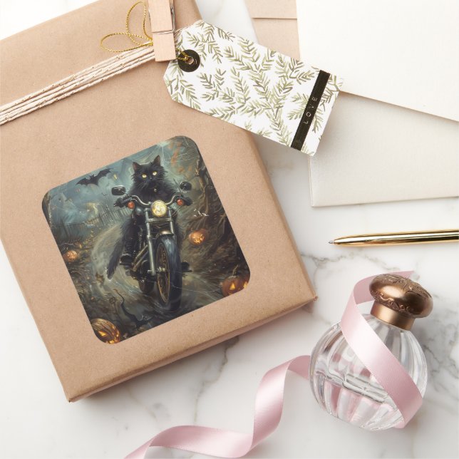 Adesivo Quadrado Gato Negro Andando Motocicleta Assustador (Presentear)