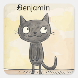 Adesivo Quadrado Gato Negro Bonito De Cartoon Whimsical