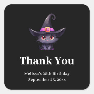 Adesivo Quadrado Gato Negro Bonito no Chapéu de uma Bruxa.