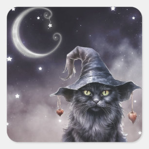 Adesivo Quadrado Gato Negro de Halloween Vestindo um Chapéu de Brux