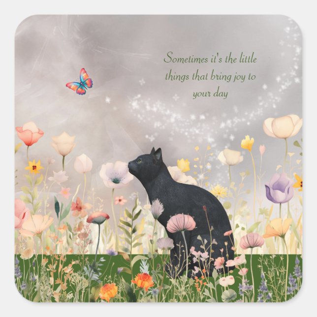 Adesivo Quadrado Gato Negro em Flores (Frente)