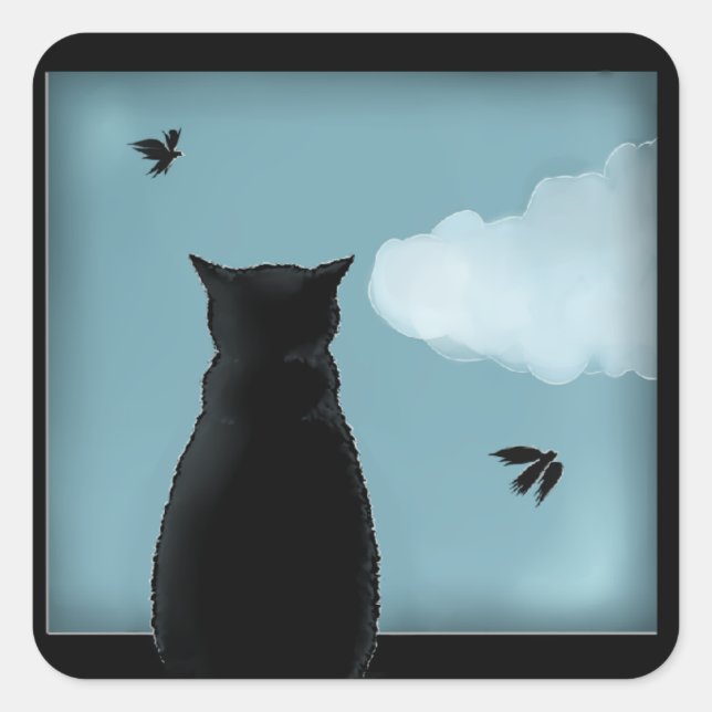 Adesivo Quadrado Gato Negro Olhando A Janela No Céu (Frente)