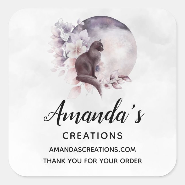 Adesivo Quadrado Gato Negro por uma Lua Mágica (Frente)