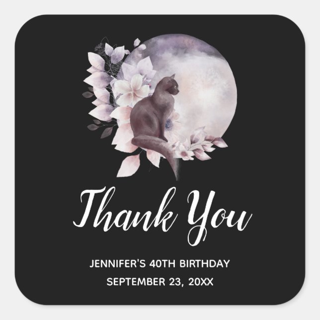 Adesivo Quadrado Gato Negro por uma Lua Mágica e Completa Obrigado (Frente)