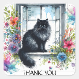 Adesivo Quadrado Gato Negro Siberiano em Flores de Verão