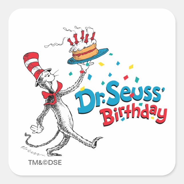 Adesivo Quadrado Gato no Chapéu | Aniversário do Dr. Seuss (Frente)