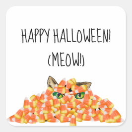 Adesivo Quadrado Gato no Dia de as Bruxas engraçado de Milho Doce