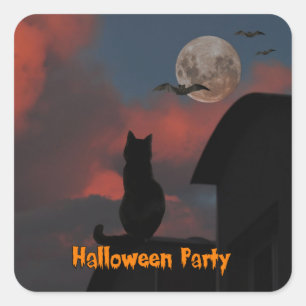 Adesivo Quadrado Gato no telhado com o Dia das Bruxas na Lua de che