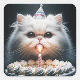 Adesivo Quadrado Gato Persa com Bolo de Aniversário