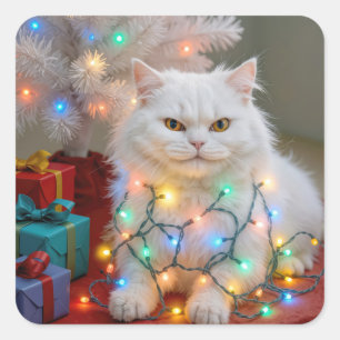 Adesivo Quadrado Gato Persa de Natal Enroscado em Luzes de Festa