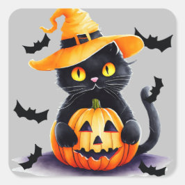 Adesivo Quadrado Gato preto assustador e abóbora no Halloween