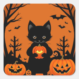 Adesivo Quadrado Gato Preto Bonito com Pumpkins do Halloween