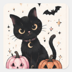 Adesivo Quadrado Gato Preto com Colar de Lua Abóbora Rosa
