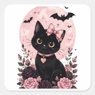 Adesivo Quadrado Gato Preto com Colar de Lua Abóbora Rosa