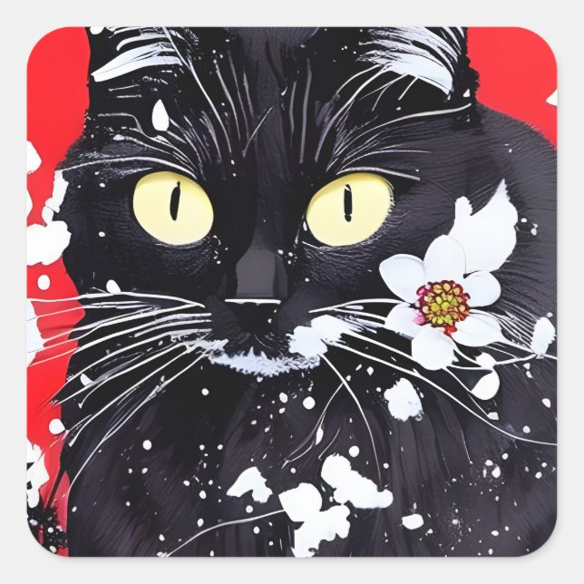 Adesivo Quadrado Gato Preto Com Flores Brancas Fundo Vermelho (Frente)