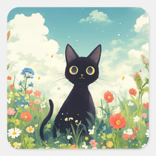 Adesivo Quadrado Gato Preto Curioso Entre Flores Coloridas