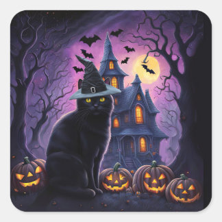 Adesivo Quadrado Gato Preto de Halloween Casa Assombrada Morcegos F
