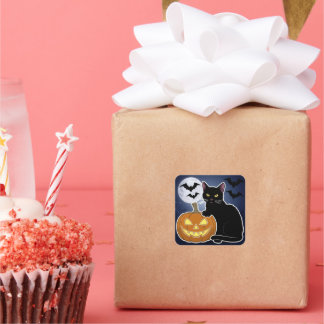 Adesivo Quadrado gato preto de halloween com abóbora