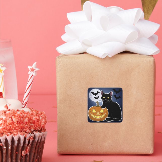 Adesivo Quadrado gato preto de halloween com abóbora (Festa)