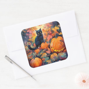 Adesivo Quadrado Gato Preto de Halloween com Abóboras Assustador