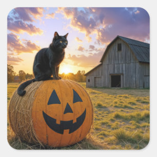Adesivo Quadrado Gato Preto de Halloween em Fardo de Feno de Abóbor