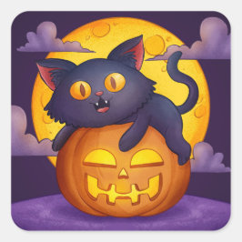 Adesivo Quadrado Gato Preto de Halloween Fofo Abóbora e Lua