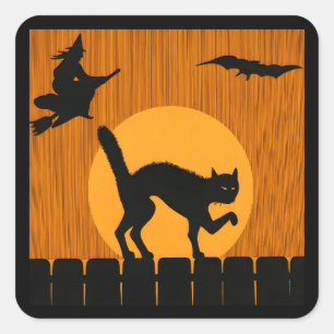 Adesivo Quadrado Gato Preto de Halloween Vintage, Silhueta da Lua d