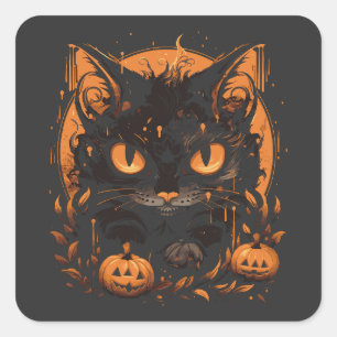 Adesivo Quadrado Gato Preto do Halloween com Pumpkins e Lua