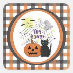 Adesivo Quadrado Gato Preto e Abóbora Não Assustam Halloween