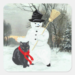 Adesivo Quadrado Gato Preto e Boneco de Neve