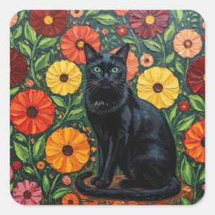 Adesivo Quadrado Gato Preto e Flores de Arte Popular Colorida