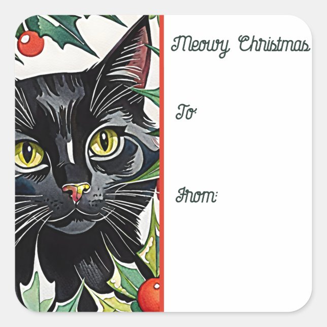 Adesivo Quadrado Gato Preto e Holly Doce de Natal (Frente)