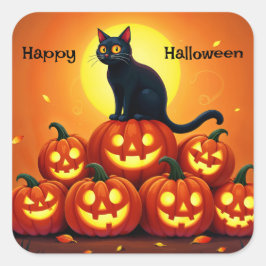 Adesivo Quadrado Gato preto e lanternas de Jack bonitinhos e boniti