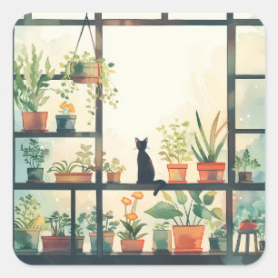 Adesivo Quadrado Gato preto e plantas, de cor branca minimalista, p