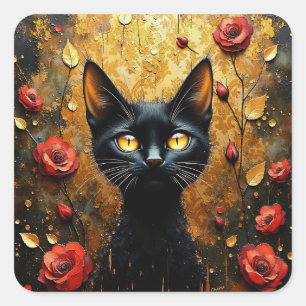Adesivo Quadrado Gato Preto e Rosas
