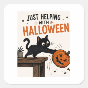 Adesivo Quadrado Gato Preto Engraçado Derrubando Abóbora de Hallowe