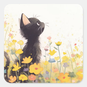 Adesivo Quadrado Gato Preto Entre as Flores