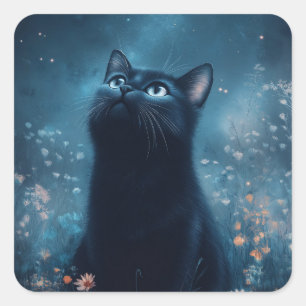 Adesivo Quadrado Gato Preto entre Flores Silvestres ao Luar