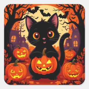 Adesivo Quadrado Gato Preto Fofo com Abóboras de Halloween